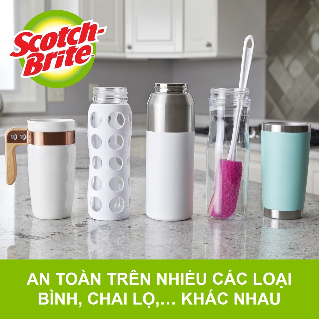 Cây Cọ Rửa Bình Cao Cấp 3M Scotch Brite-Chống Trầy Xước,Lớp Mút Cao Cấp Có Thể Tháo Rời Để Vệ Sinh