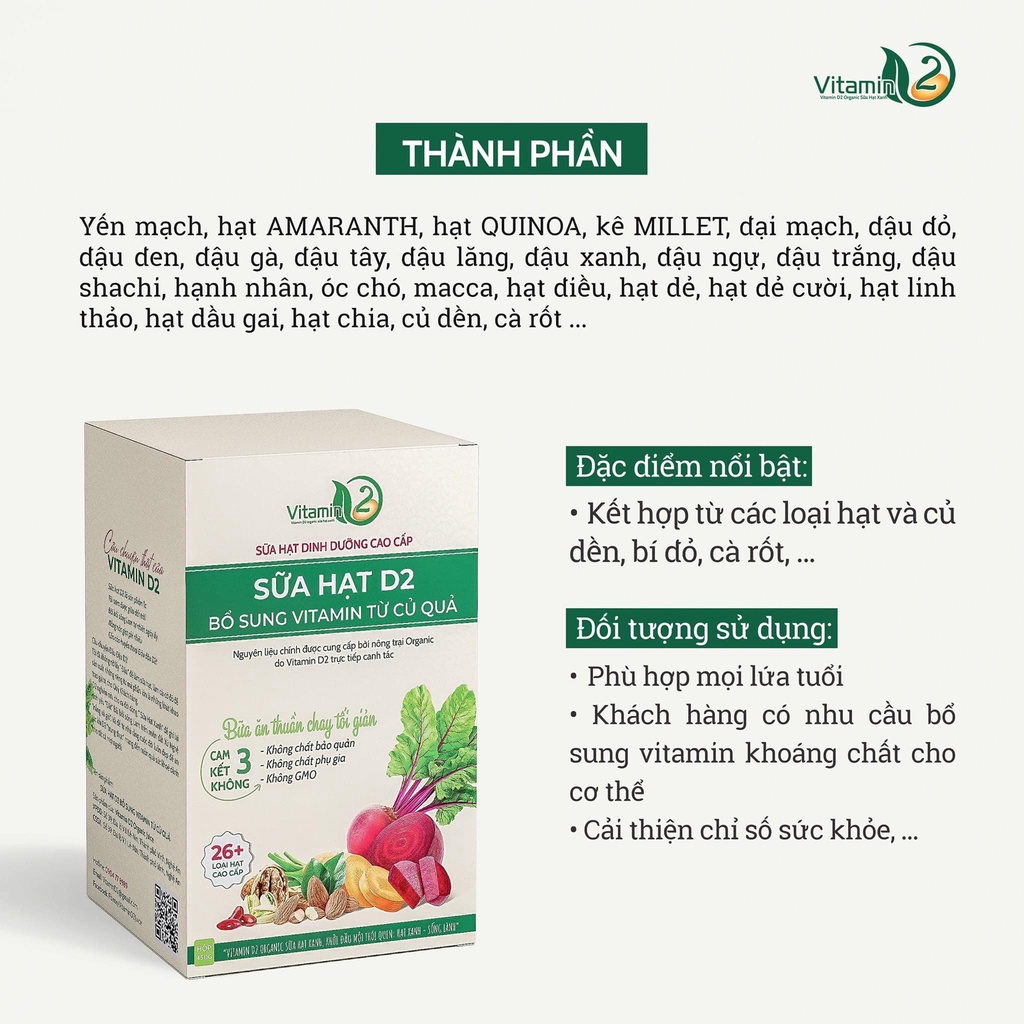 Sữa hạt hữu cơ Vitamin D2 - dạng bột gói - Bổ sung Vitamin từ củ quả - gồm hơn 26 loại hạt cao cấp thuần chay
