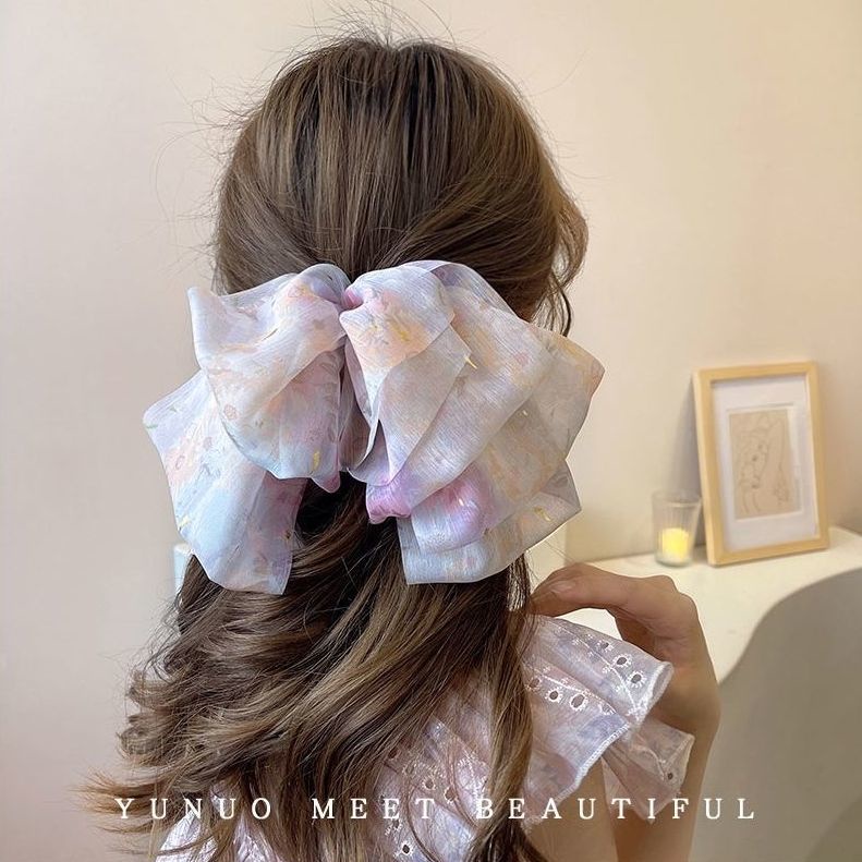 Kẹp Tóc Hình Nơ Lưng Bằng Vải Voan Phối Lông Thời Trang Xuân Hè Xinh Xắn Cho Nữ