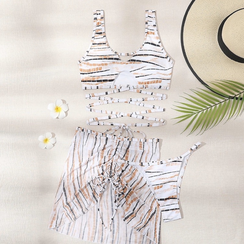 [BKN1531] &lt;ÂU&gt; SET BIKINI 3 MÓN KẺ NÂU TRẮNG KÈM CHÂN VÁY RÚT