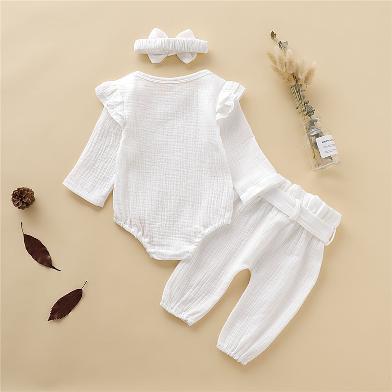 Bộ đồ cotton MIKRDOO 3 món gồm áo liền quần tay dài + quần dài + băng đô mềm mại cho bé sơ sinh