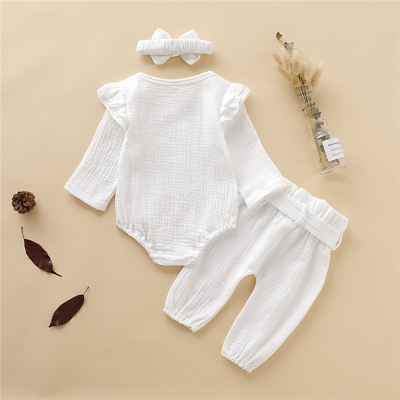 Bộ đồ cotton 3 món MIKRDOO gồm áo liền quần tay dài và quần dài phối băng đô mềm mại cho bé sơ sinh