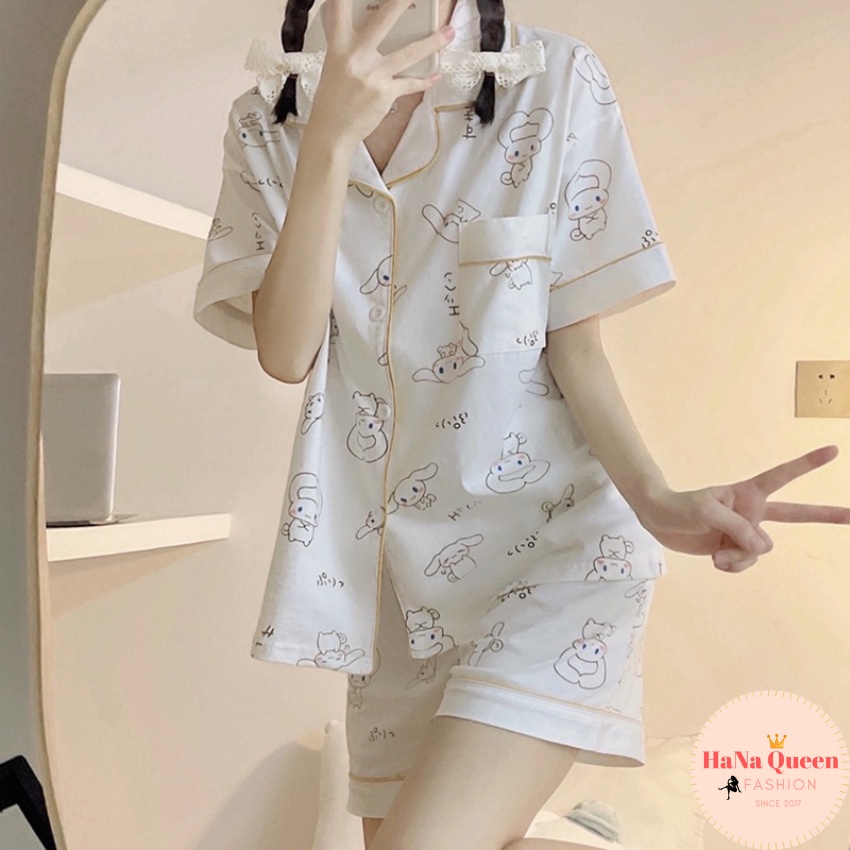 Bộ pijama cộc đùi hoạ tiết thỏ trắng siêu dễ thương (Hàng có sẵn)