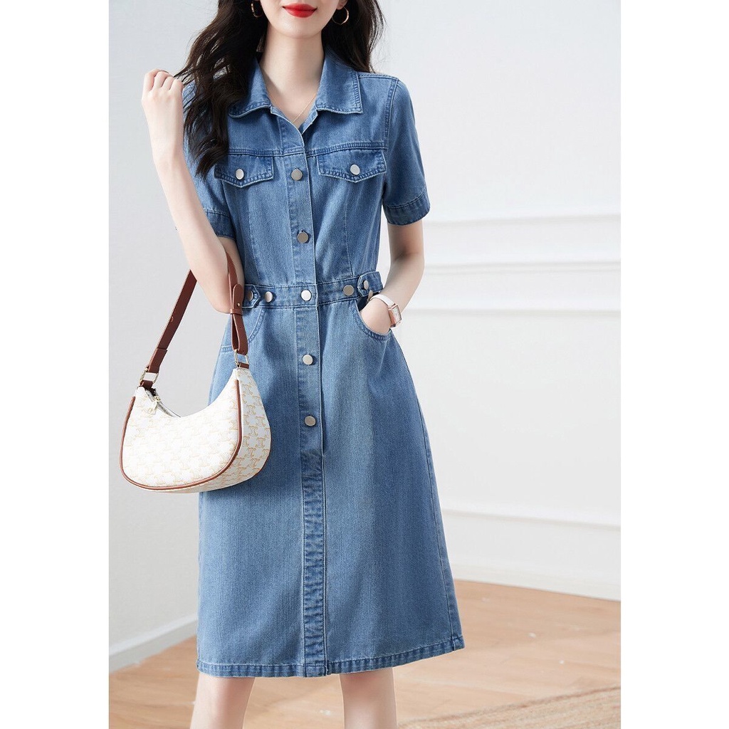 Đầm denim Mỏng Mùa Hè Một Hàng Nút Phong Cách Hong Kong Cổ Điển Cho Nữ