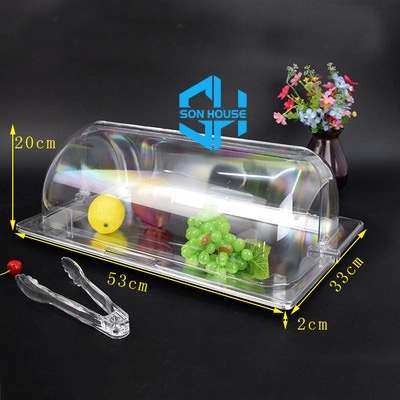 Khay inox hình chữ nhật sâu 2cm có nắp đậy bằng nhựa trong suốt mở 2 chiều đựng trưng bày salad, trái cây, sashimi, bánh