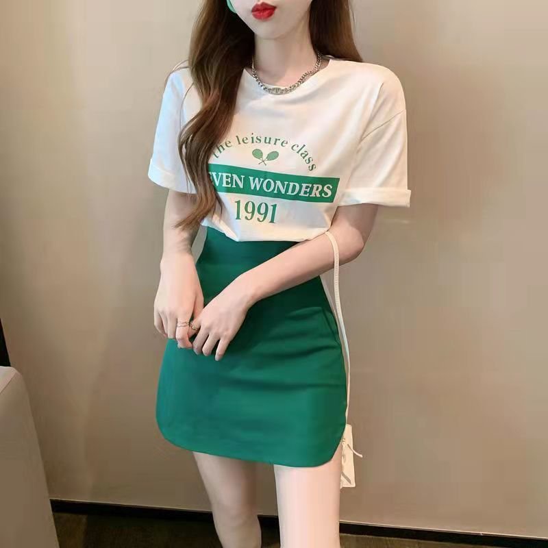 Set bộ áo thun tay ngắn + Chân váy chữ A vạt tôm có kèm quần trong hai màu đen xanh