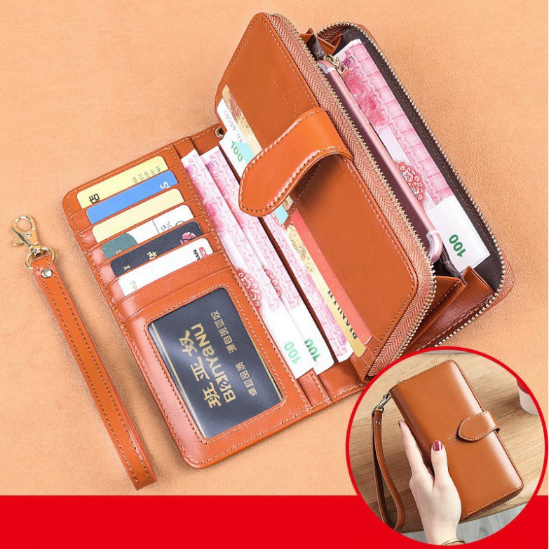Ví Dài Cầm Tay Nữ Da Bò Sáp Dầu Cao Cấp Chính Hãng Ngăn Kéo Khóa Để Tiền Điện Thoại An Toàn Kèm Dây Ngoắc Tay Sang Trọn