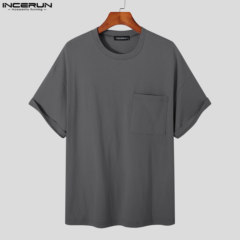 INCERUN Áo Thun Nam Ngắn Tay Cổ Tròn Màu Sắc Đơn Giản Size S-5XL