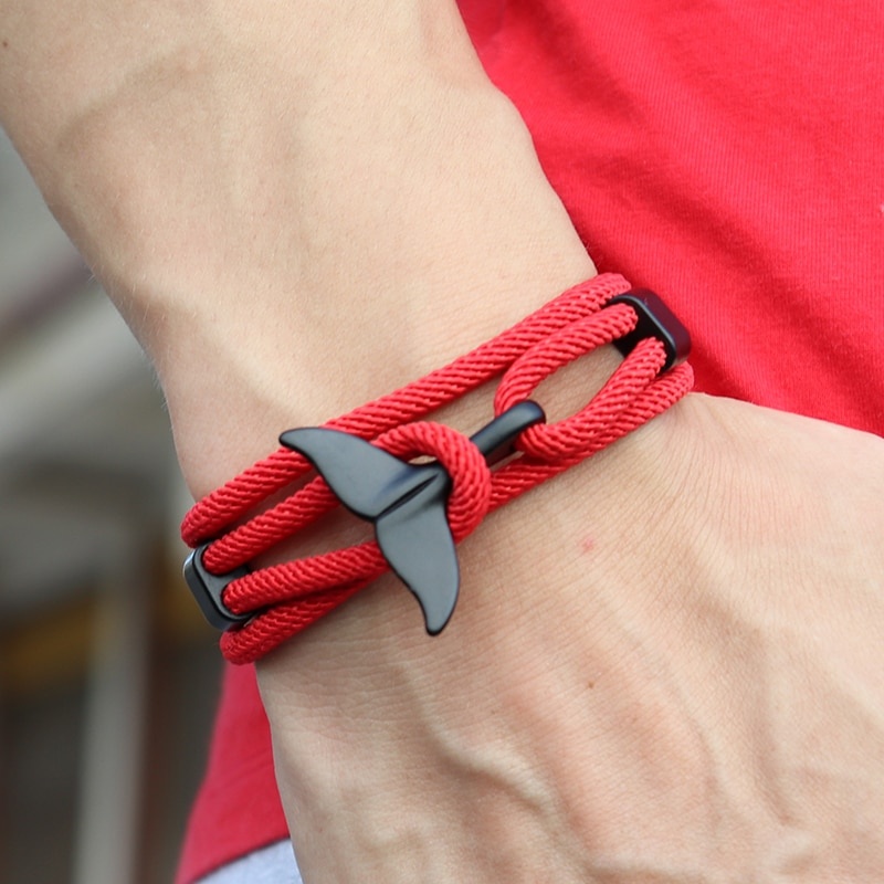 Vòng tay sợi bện màu đỏ handmade hình dạng đuôi cá heo thời trang cho nam