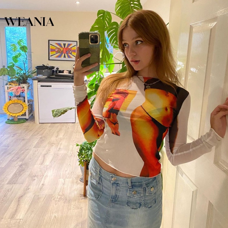 Áo Croptop Tay Dài Xuyên Thấu Hoạ Tiết In Thiết Kế Quyến Rũ