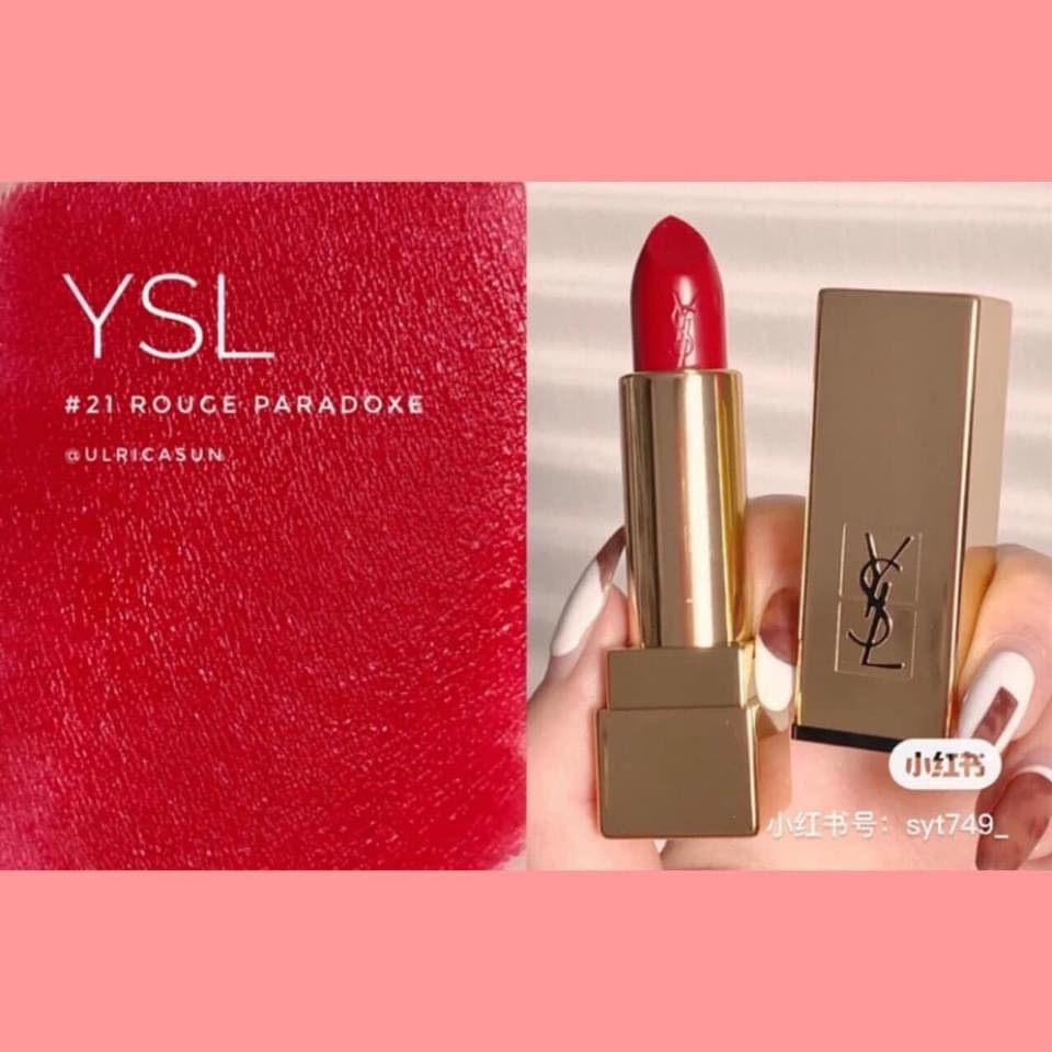 Son YSL mini Rouge Pur Couture màu 21 đỏ ruby  son bám nhẹ trên môi và cảm giác như tiệp vào môi mềm mịn