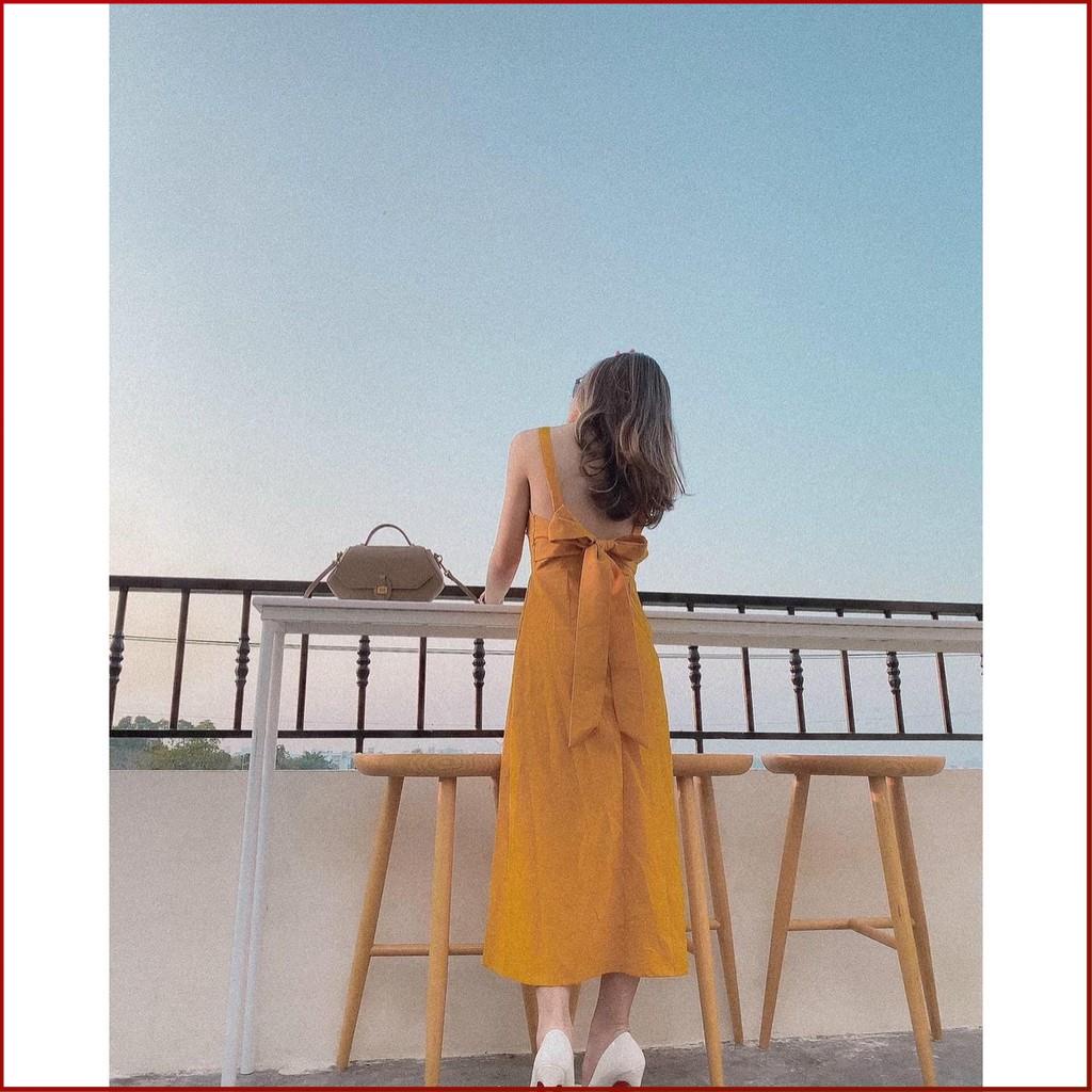 Đầm Maxi Đi Biển COBI Váy Maxi Hở Lưng Dài Qua Gối Cổ Vuông Màu Vàng Có Mút Ngực Đẹp Thời Trang Dưới 53kg | BigBuy360 - bigbuy360.vn