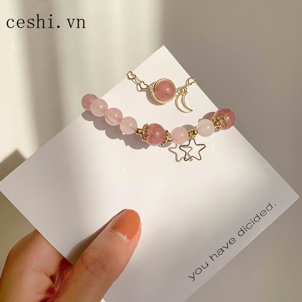 Vòng Tay May Mắn Đính Hạt Hồng/Dâu Tây Xinh Xắn Cho Nữ Sinh