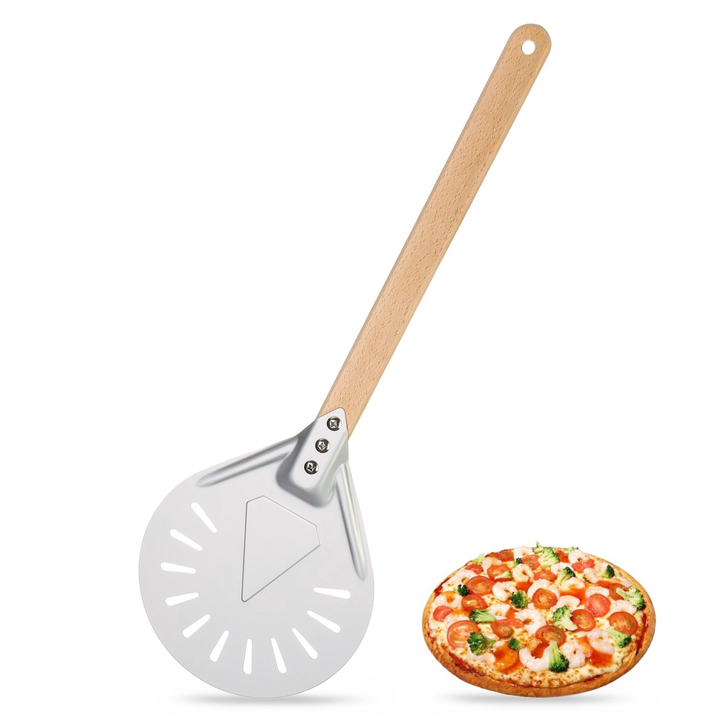 NEONY Aluminum Perforated Grill Shovel Pizza Peel Bakers Non-slip Wood Handle Bread Paddle