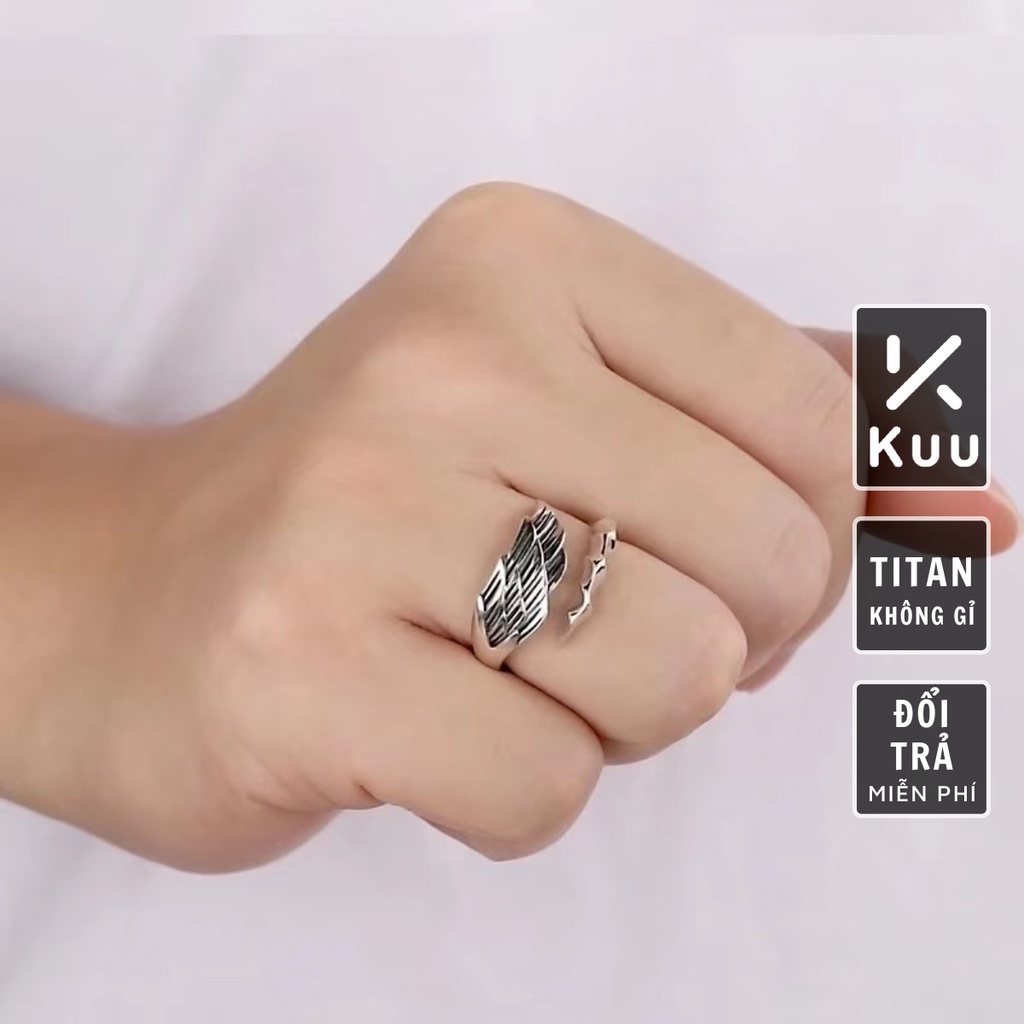 Nhẫn Nam Angel Phong Cách Cá Tính Kuu Studio Màu Bạc Đẹp Cao Cấp - Nhân Nam Họa tiết Cánh Titan - Nhẫn Angel