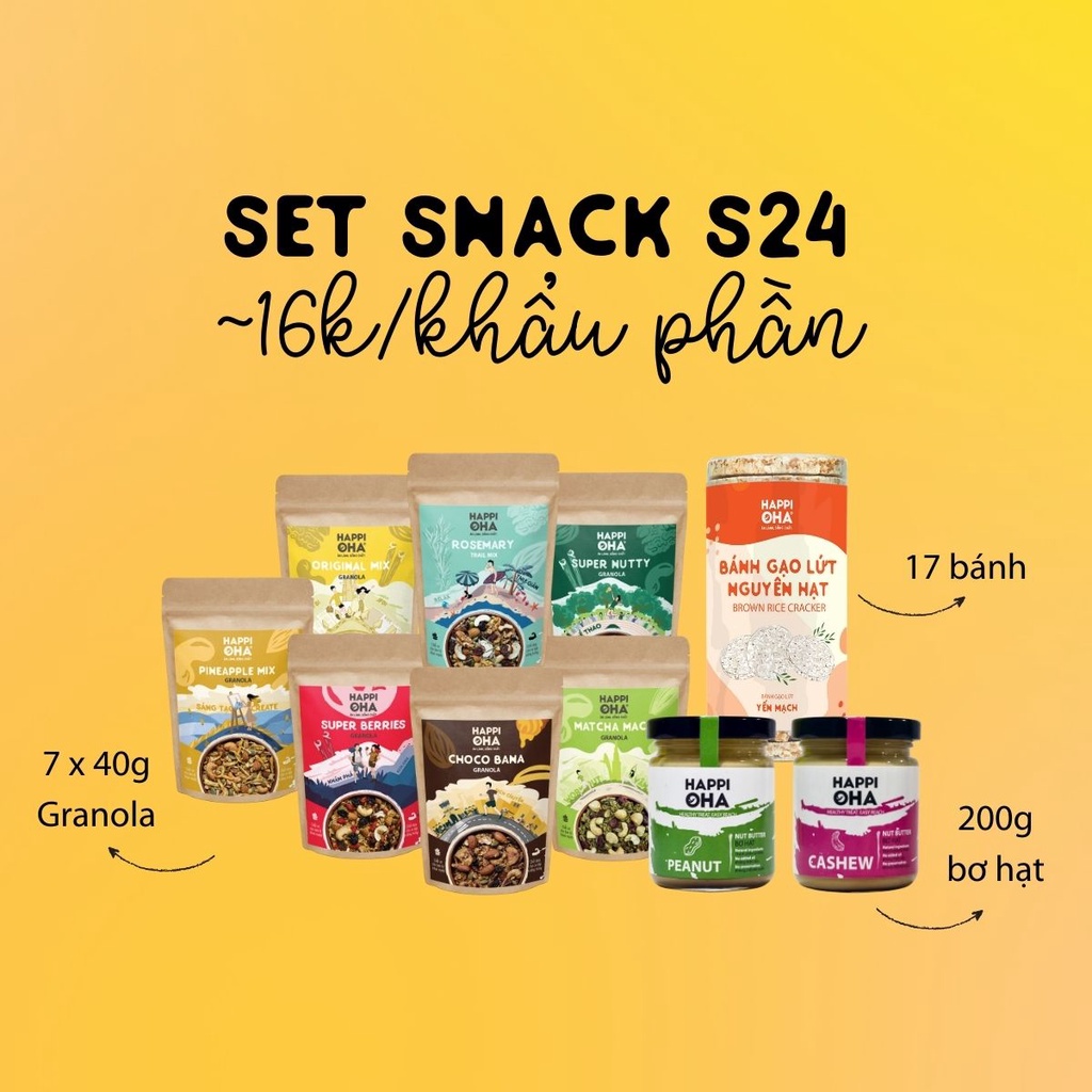Bộ Snack S24 HAPPI OHA 24 khẩu phần ngũ cốc giảm cân granola, bánh gạo lứt nguyên hạt và bơ hạt