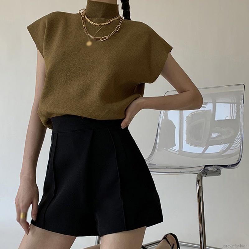 Áo dệt kim tay ngắn dáng rộng màu trơn phong cách cổ điển thời trang cho nữ