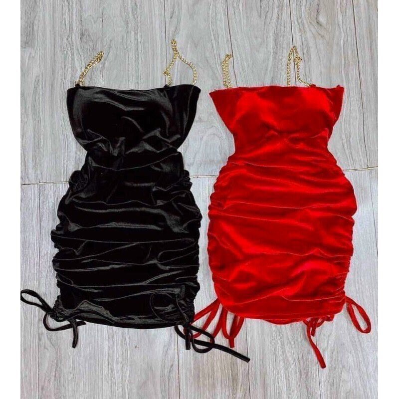 Đầm Body Nhung Dây Xích Rút Hai Bên