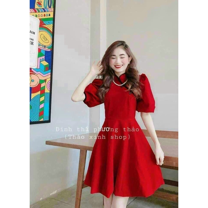 Đầm Đỏ Dự Tiệc, Đầm Xòe Tay Phồng Thiết Kế Cổ Tàu Nữ Tính Dáng Ngắn Trên Gối Phù Hợp Đi Tiệc ,dạo Phố