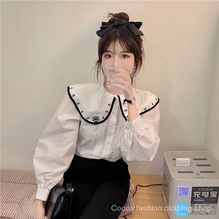 Áo sơ mi tiểu thư chất thô mịn mát- Áo dài tay cổ cách điệu siêu xinh_313 mầu trắng, babydoll ulzzang mềm nội y xanh