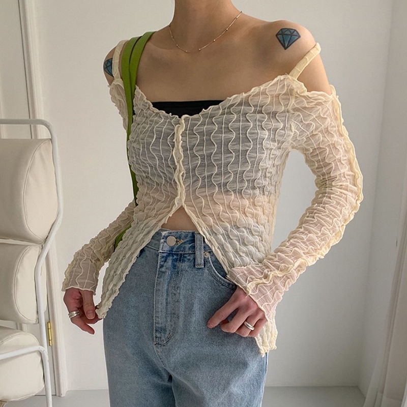 Áo Khoác Lưới Xuyên Thấu Trễ Vai Chống Nắng Dáng Ôm Thời Trang Hàn Quốc Cho Nữ