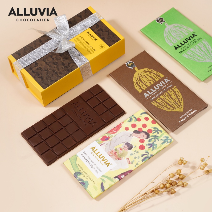 Hộp quà tặng chocolate "Hội An" vàng Alluvia Chocolate gồm 3-4 thanh socola 80 gram