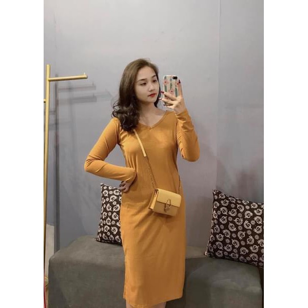 Váy Suông Rộng Basic Cổ Tim Xẻ Cạnh Dáng Dài Chất Thun Len Tăm Đầm Suông Nữ Dáng Rộng