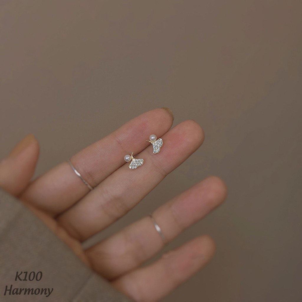 Bông tai ngọc trai nhân tạo nữ bạc rẻ quạt đính đá xinh xắn | HARMONY ACCESSORIES K100