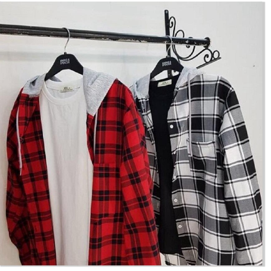 Áo khoác sơ mi ca rô , áo sơ mi caro có nón vải thun dày dặn