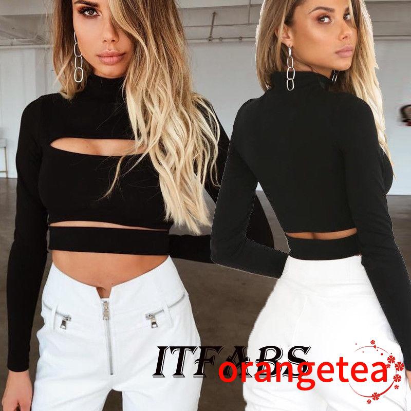 Áo Croptop tay dài màu trơn gợi cảm cho nữ
