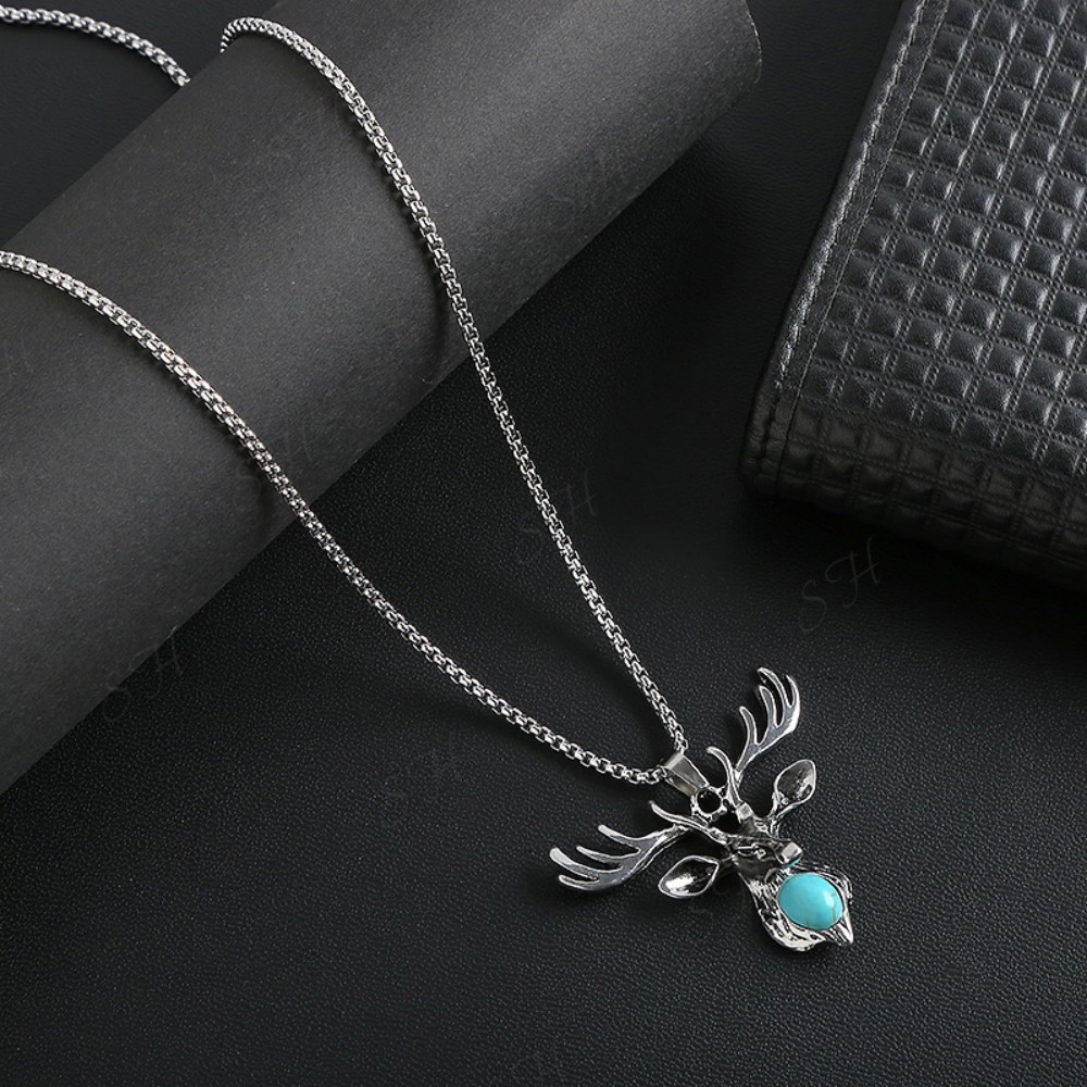 Dây Chuyền Nam Deer Chain Kuu Clothes - Mặt Vòng Cổ Hươu Nai Đính Ngọc Chất Liệu Thép Titan Không Rỉ Màu Xanh Bạc