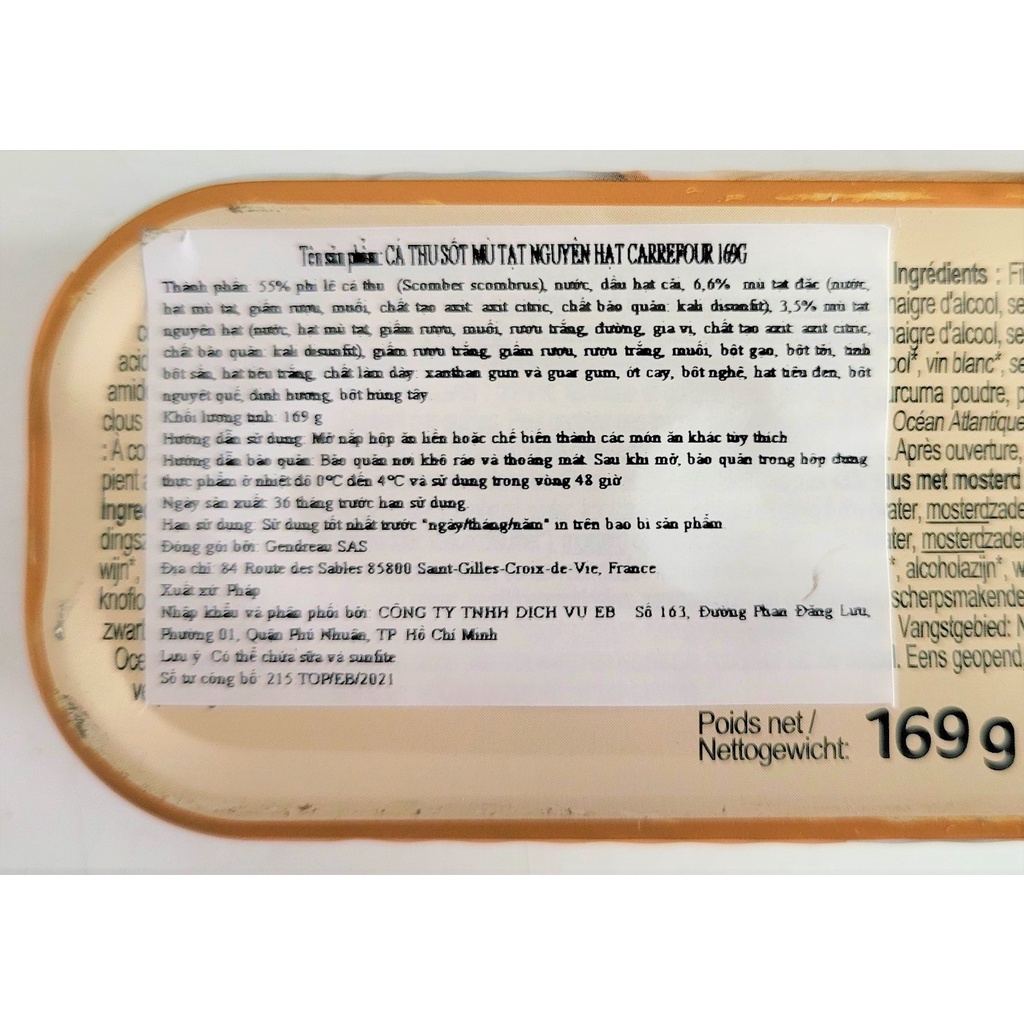 [Hộp 169g - CAM] CÁ THU XỐT MÙ TẠT NGUYÊN HẠT [France] CARREFOUR Mackerel with Whole Grain Mustard (atp)