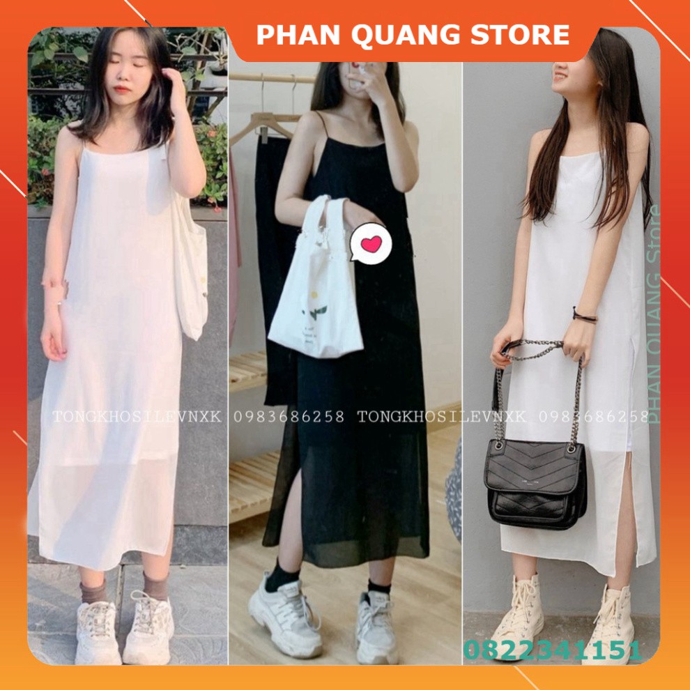 👗 (VNXK RẺ) VÁY HAI DÂY MAXI VOAN DÀI HOT - ĐẦM SUÔNG 2 LỚP MÀU TRẮNG ĐEN PQ-Shop