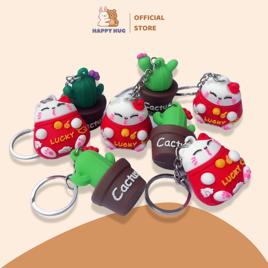 Móc khóa cute hình mèo may mắn và cây xương rồng độc đáo - Happy Hug