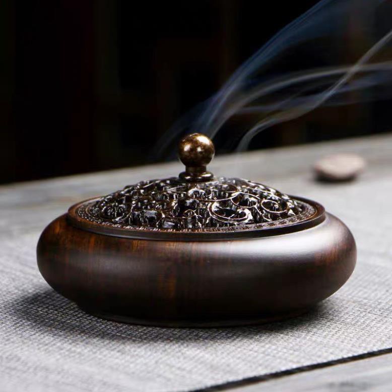 [Mua ngay] Lư đốt trầm hương LDT04 hình tròn 10.5x5.5cm nhang nụ, nhang vòng bằng gỗ mun chống cháy HIP MART