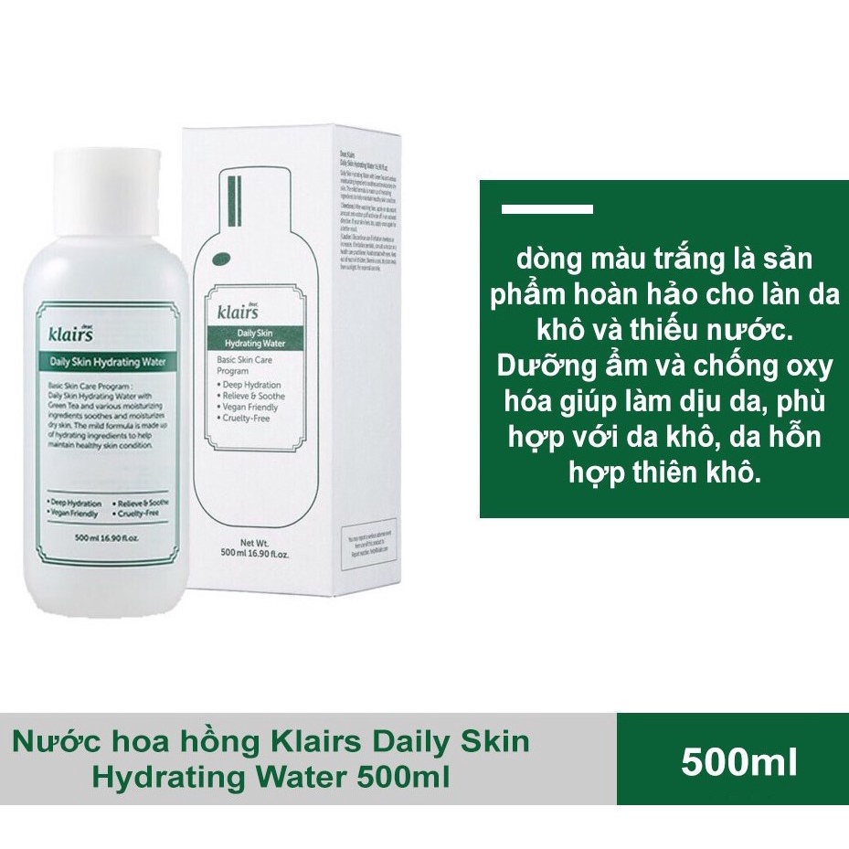 Nước hoa hồng Klairs cấp ẩm dịu nhẹ Daily skin hydrating water