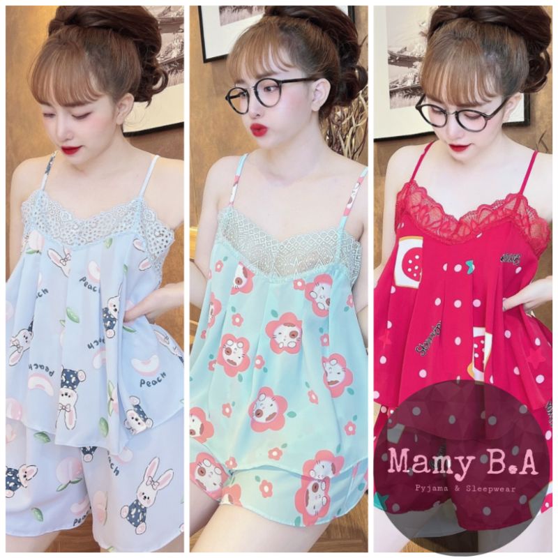 Pijama 2 dây lụa MANGO phối ren quần đùi - Đồ ngủ nữ loại 1 cao cấp không nhăn (ẢNH THẬT CỦA SHOP)