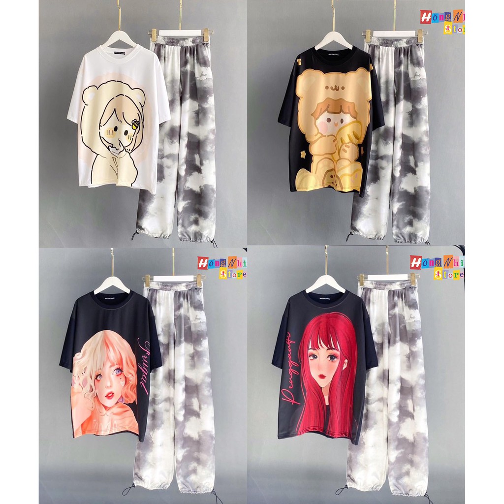 Set Bộ Áo Thun Tay Lỡ In Hình Tie Tee Phối Quần Jogger 3D Dây Rút Ulzzang Unisex Dáng Rộng - MM
