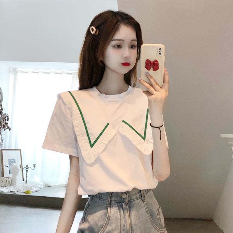 Áo thun tay ngắn cổ búp bê phong cách Hàn Quốc