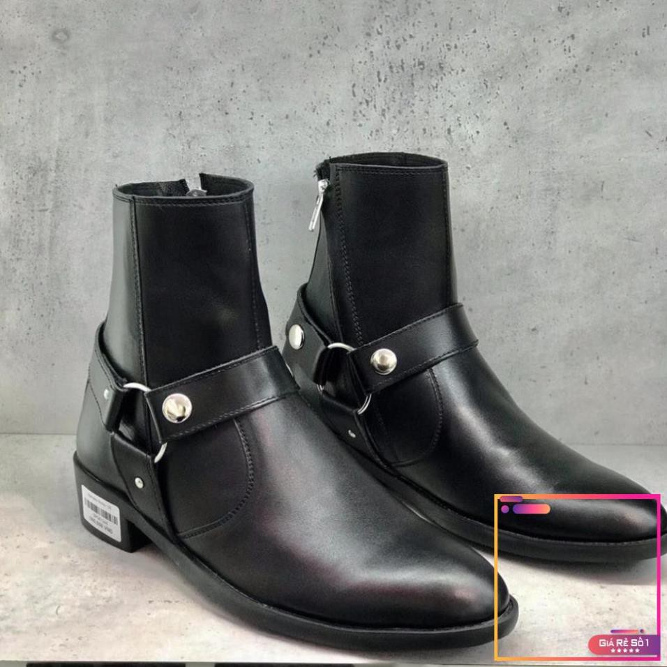 [Free Ship] Giày Boots Harness da đen trơn,cổ cao kéo khóa B221_giày bốt nam -o97  -V1