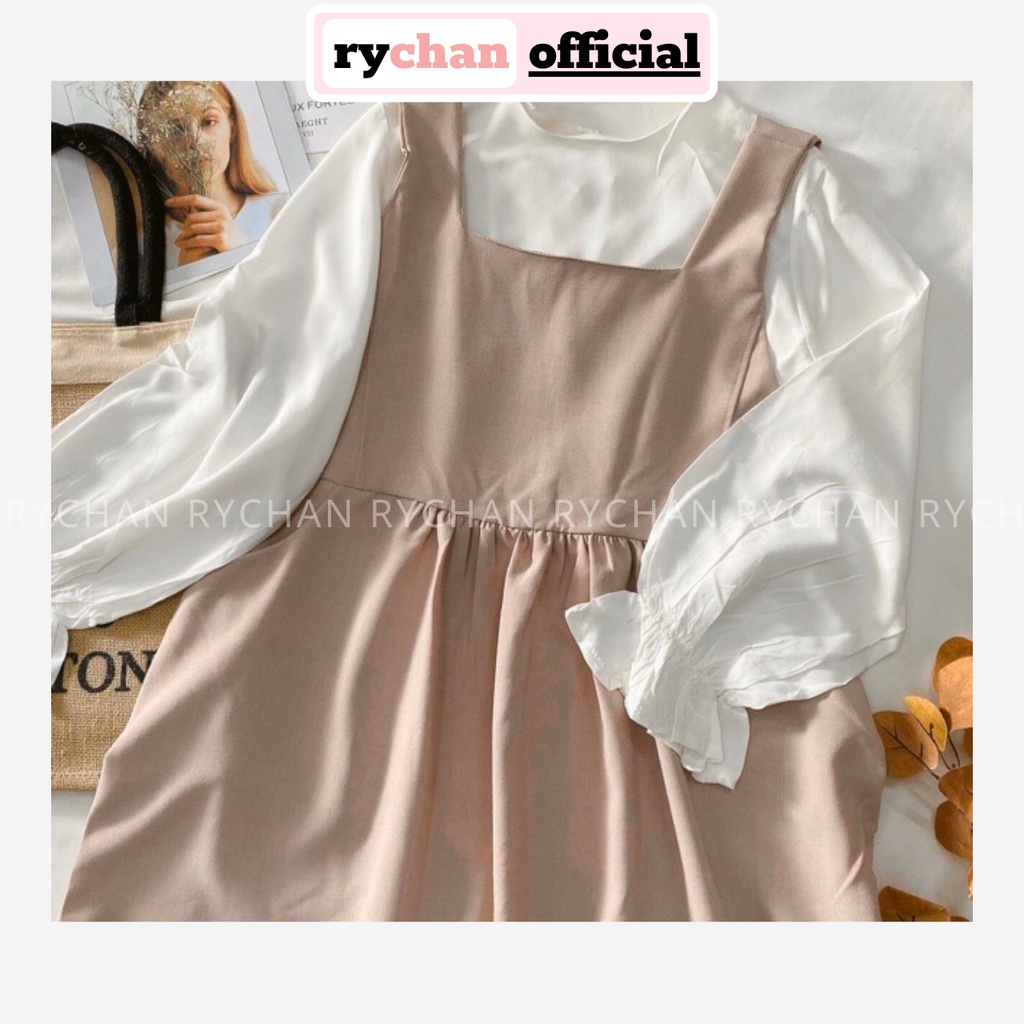 Set Yếm Hồng Mix Áo Trắng Tay Bo Dễ Thương - SE718