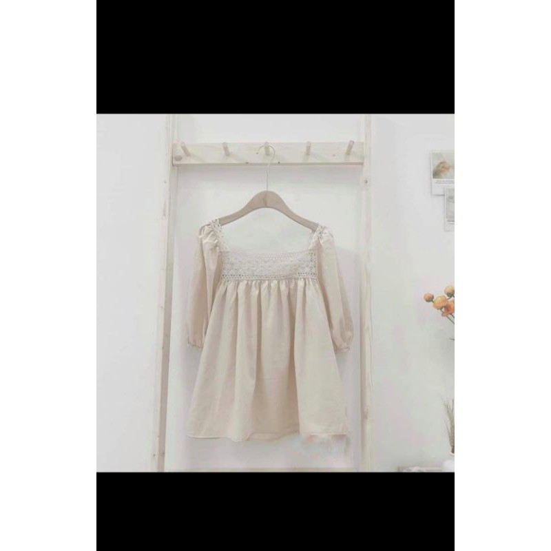 Sét Babydoll Đũi Pha Ren Cổ Vuông Ulzzang Phong Cách Hàn Quốc