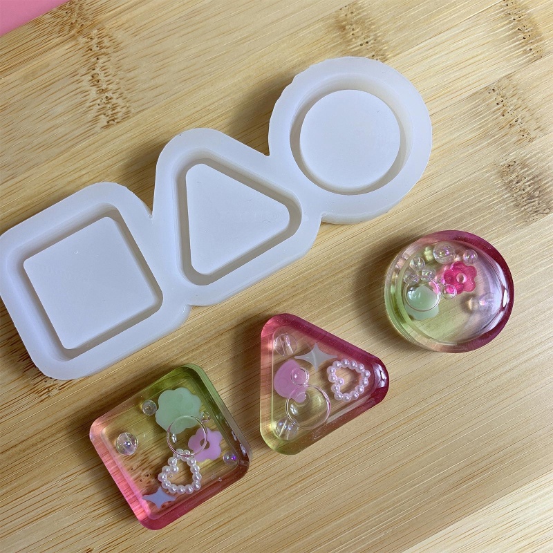 Khuôn Silicone Làm Móc Khóa Hình Tròn / Tam Giác / Ngôi Sao Phối Kim Tuyến Nước DIY