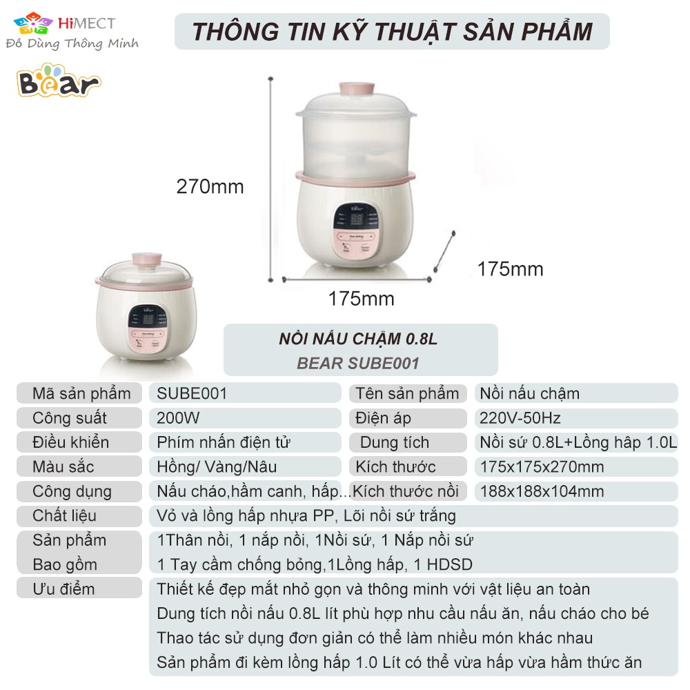 Nồi Nấu Cháo Chậm Cho Bé, Nồi Nấu Chậm Bear 0.8 Lít Ninh Hầm Cách Thủy Đa Năng Cao Cấp Sube001-Himect