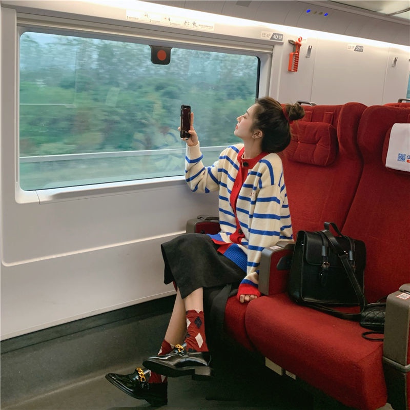 Áo khoác cardigan dệt kim dáng rộng họa tiết kẻ sọc thời trang xuân thu phong cách Hàn Quốc cho nữ