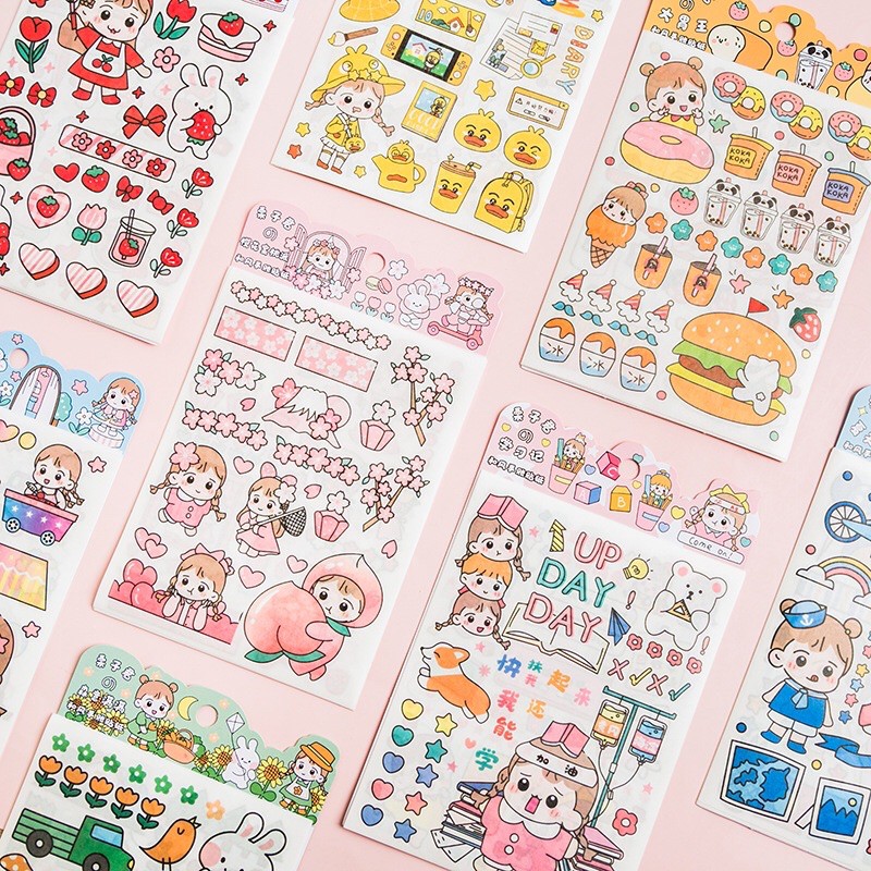 Set sticker và washi cute trang trí sổ cute màu hồng vàng xanh đỏ.