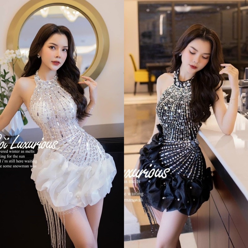 Đầm dự tiệc cao cấp kim sa cổ yếm hở lưng phối tơ bồng/phồng trắng đen, váy ngắn hotgirl TK sang trọng quyến rũ party