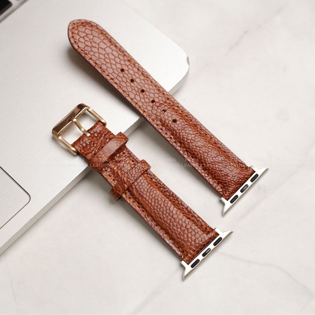 Dây da đà điểu thủ công nâu dành cho Apple Watch, đồng hồ thông minh, đồng hồ cơ