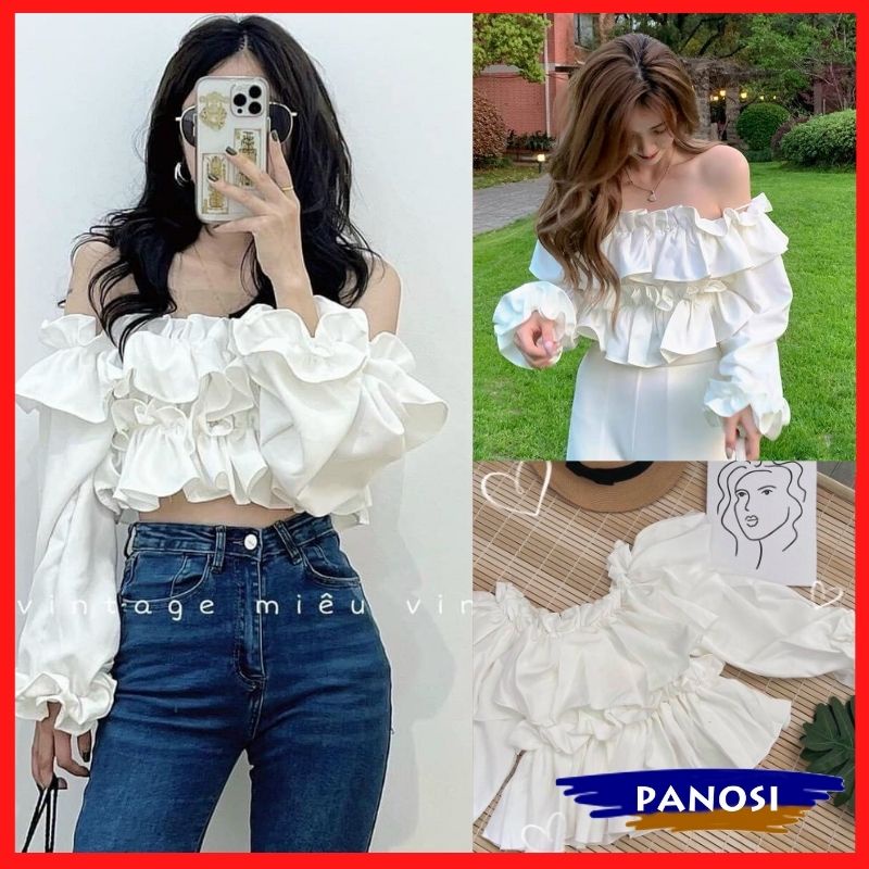 Áo kiểu nữ croptop áo trễ vai bánh bèo tiểu thu dáng thời thượng - AO095