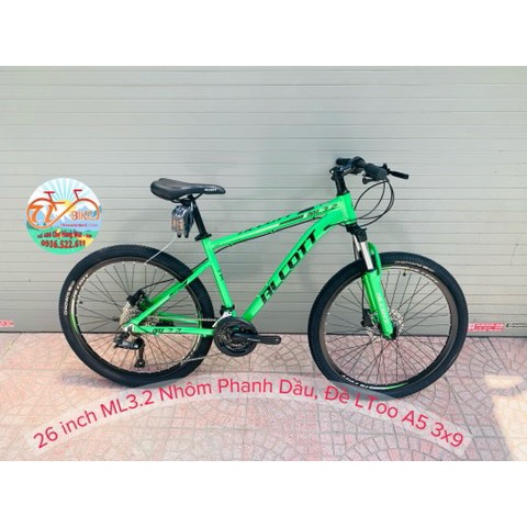 Xe ALCOTT 26 inch ML3.2 Nhôm phanh Dầu, đề LTwoo 3x9 (27 tốc độ) - Xanh Lá